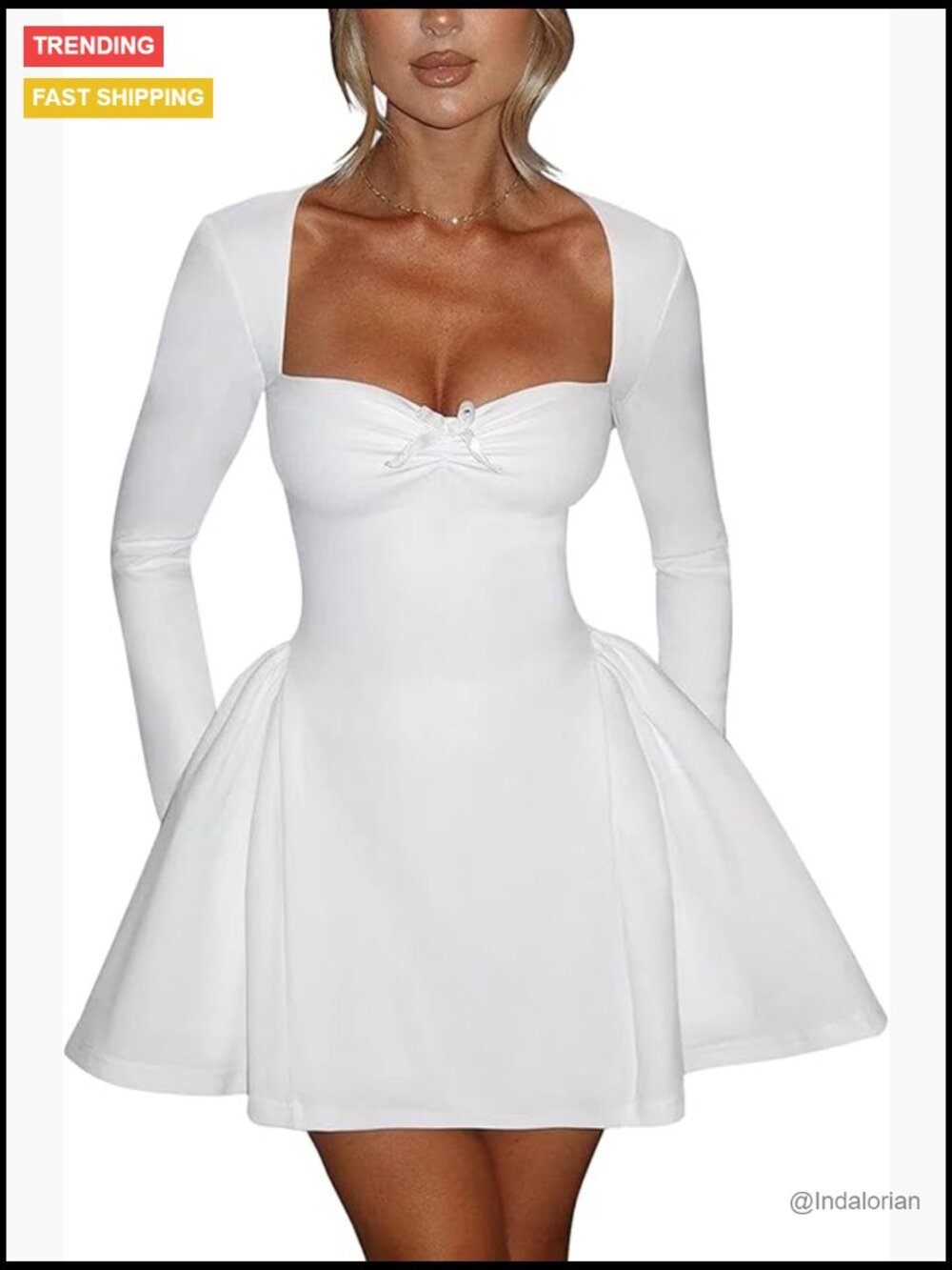 Polyester Blend Long Sleeve Sweetheart Neck A-Line Mini Dress